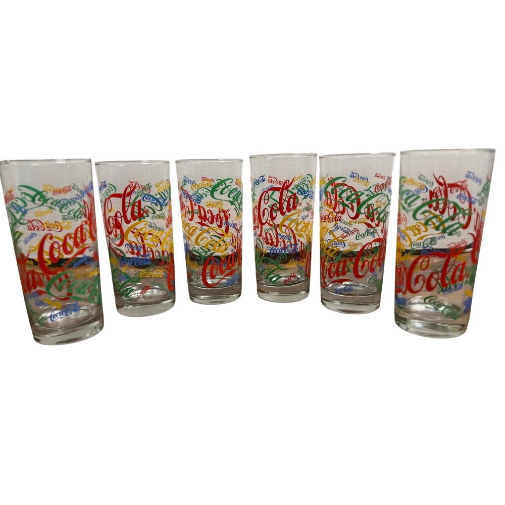 Coca-Cola Multi-Color Logo Glass Tumblers Set of 6 Vintage Style 6 Inch‎ Tall